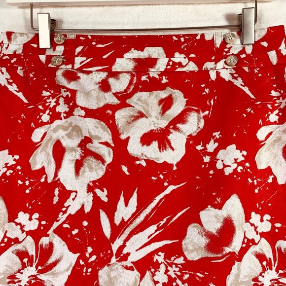 Red Floral Pencil Skirt Above Knee Boho Buttons Back Slit Beige Size 8 LOFT - Picture 10 of 13